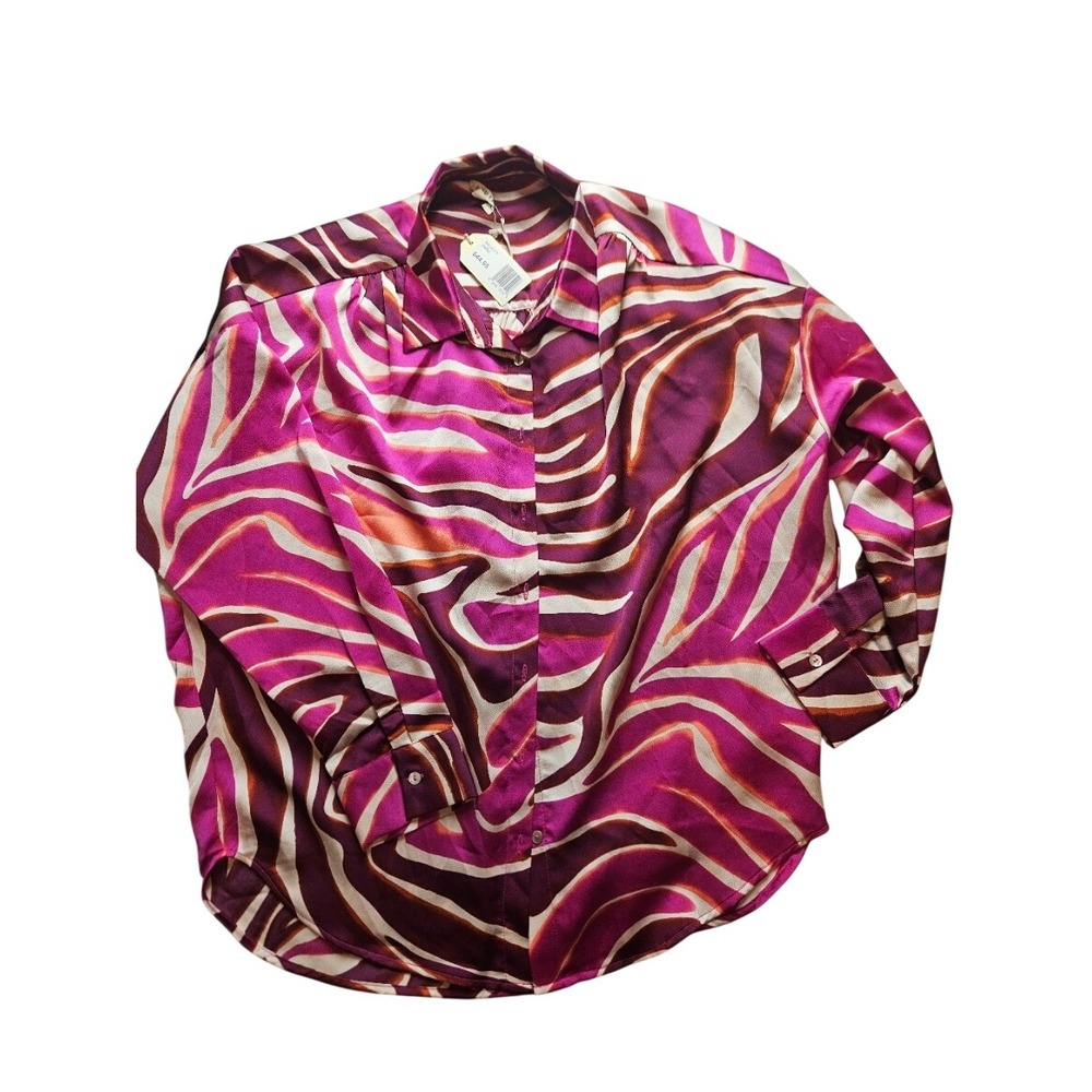 Jodifl Magenta Zebra Print Satin Button Down Blouse Long Sleeve Small NWT